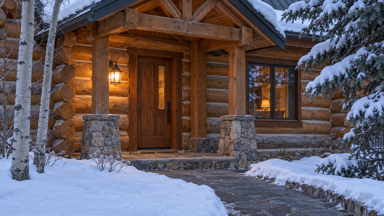 Snow-covered approach to a log home's recessed timber porch, with a warm entry lantern, stone steps and blue dusk reflections in the window.