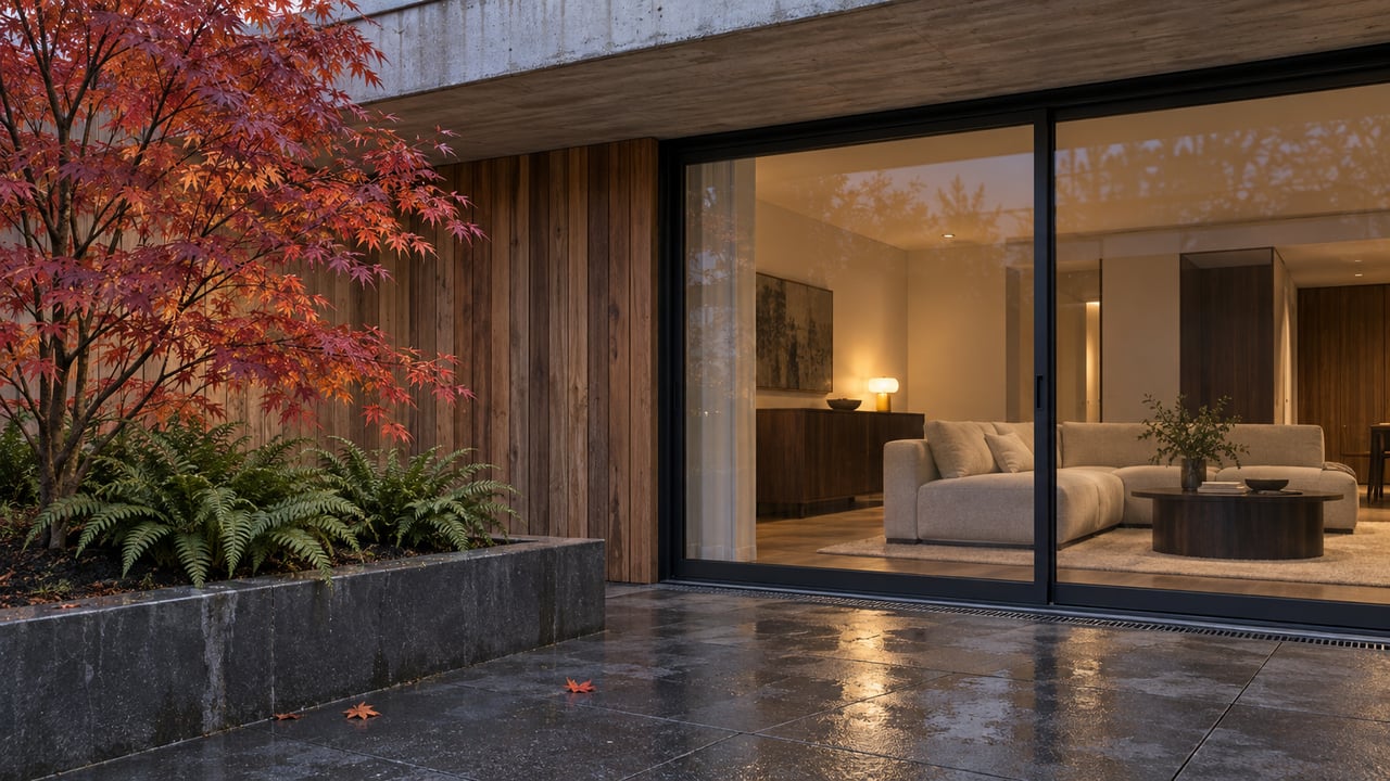 Modern residential terrace with cedar cladding, closed black-framed glass doors, damp stone paving and an autumn Japanese maple in a basalt planter.