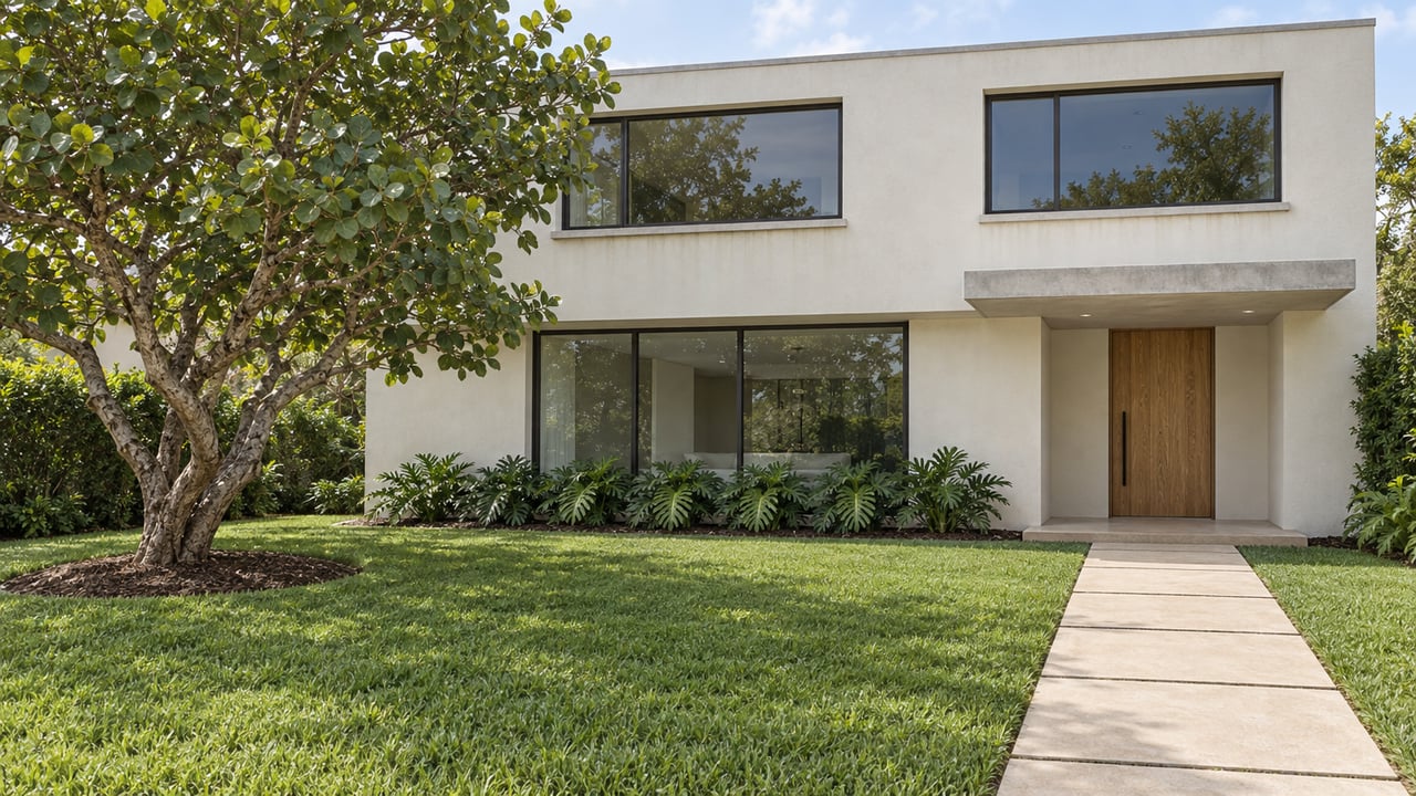 Contemporary two-story white stucco home with broad bronze-framed windows, a deep front lawn, a sculptural sea grape tree and a pale paved approach.