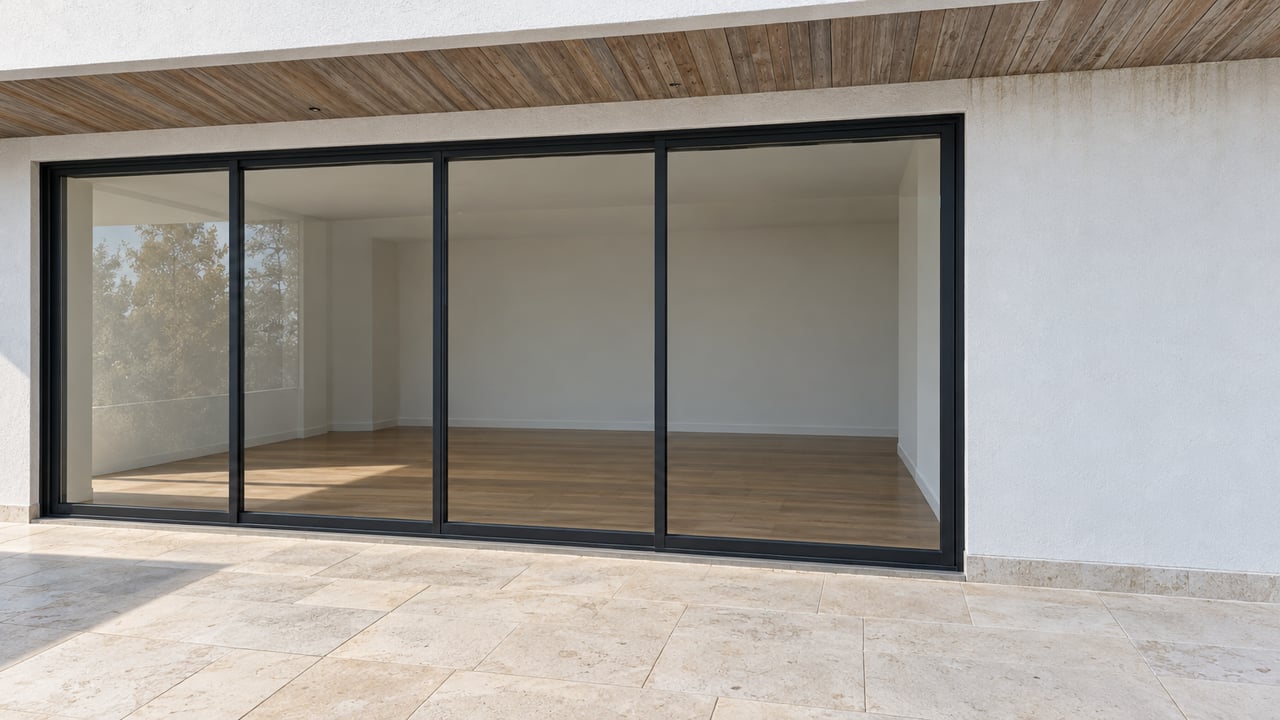 Close view of a white stucco condominium facade with wood-lined overhang, black-framed glass doors and pale limestone terrace.