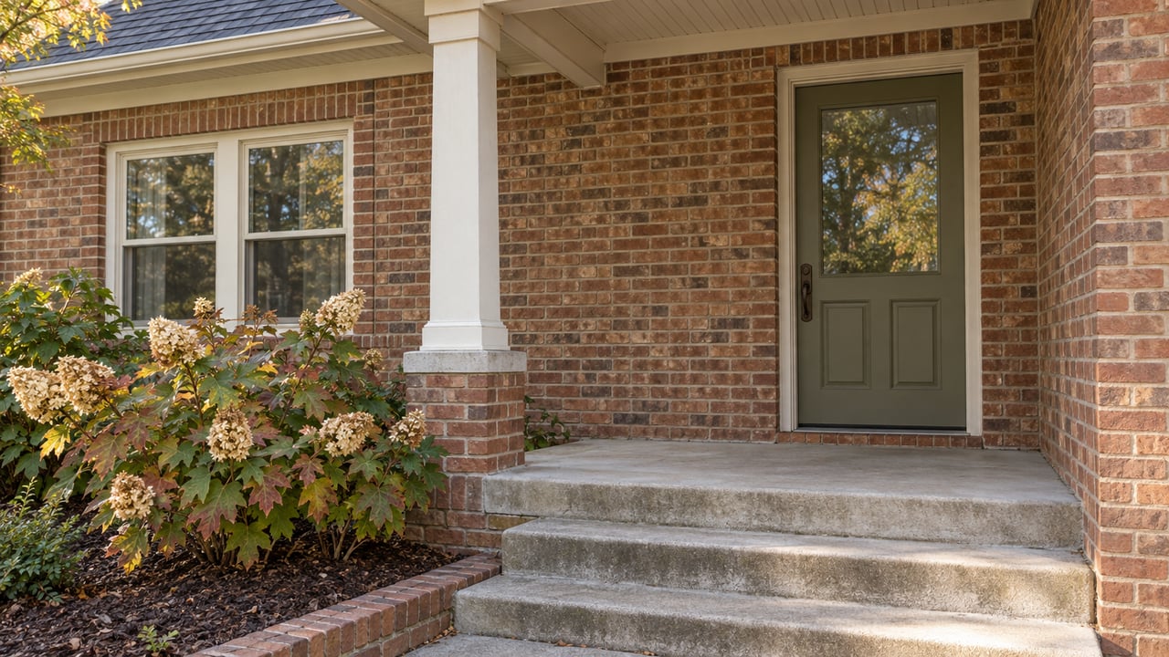 Brick home entrance with an olive-green door, covered porch, and flowering shrubs beside the steps.