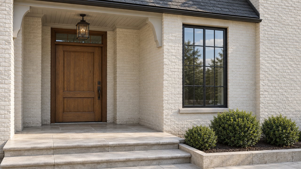 White painted-brick home entrance with an oak door, black gridded window, limestone steps, and three clipped boxwood shrubs.