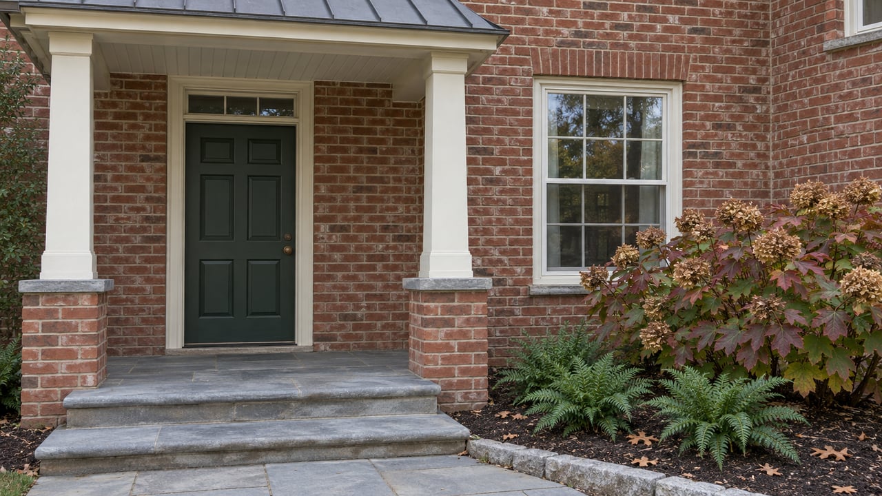 Covered brick home entry with an ivory timber porch, green door, blue-gray stone steps and autumn oakleaf hydrangea.