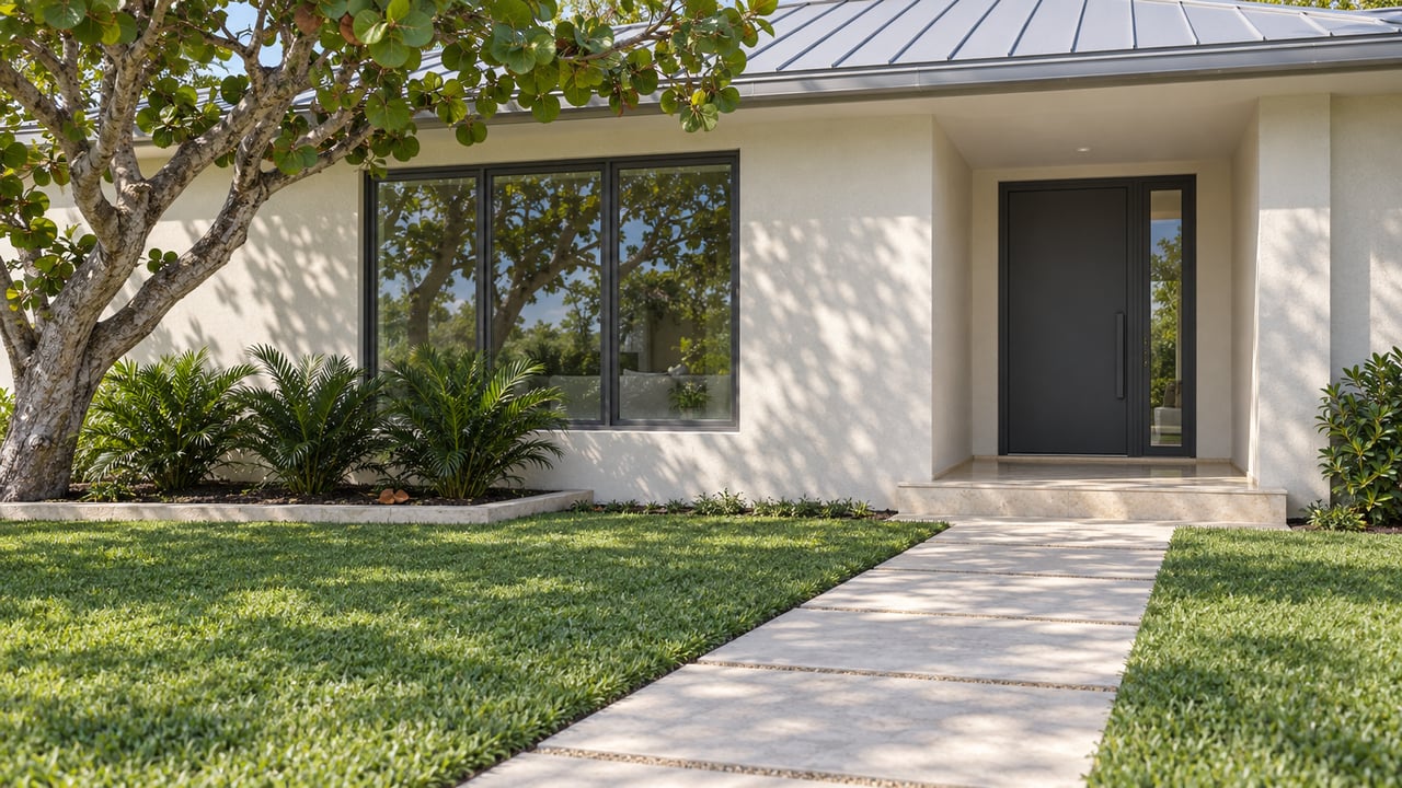 Modern home entrance with a dark front door, broad windows, and a stone walkway through the lawn.