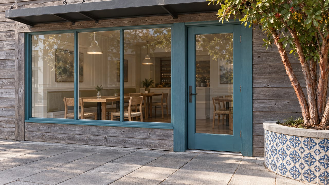 Teal-framed storefront with a multi-pane window, projecting charcoal awning, and tiled planter holding a small tree.