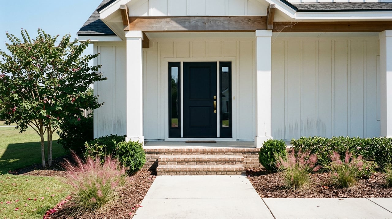 White board-and-batten porch with dark front door, black sidelights, stained wood brackets, and redbud by the lawn.