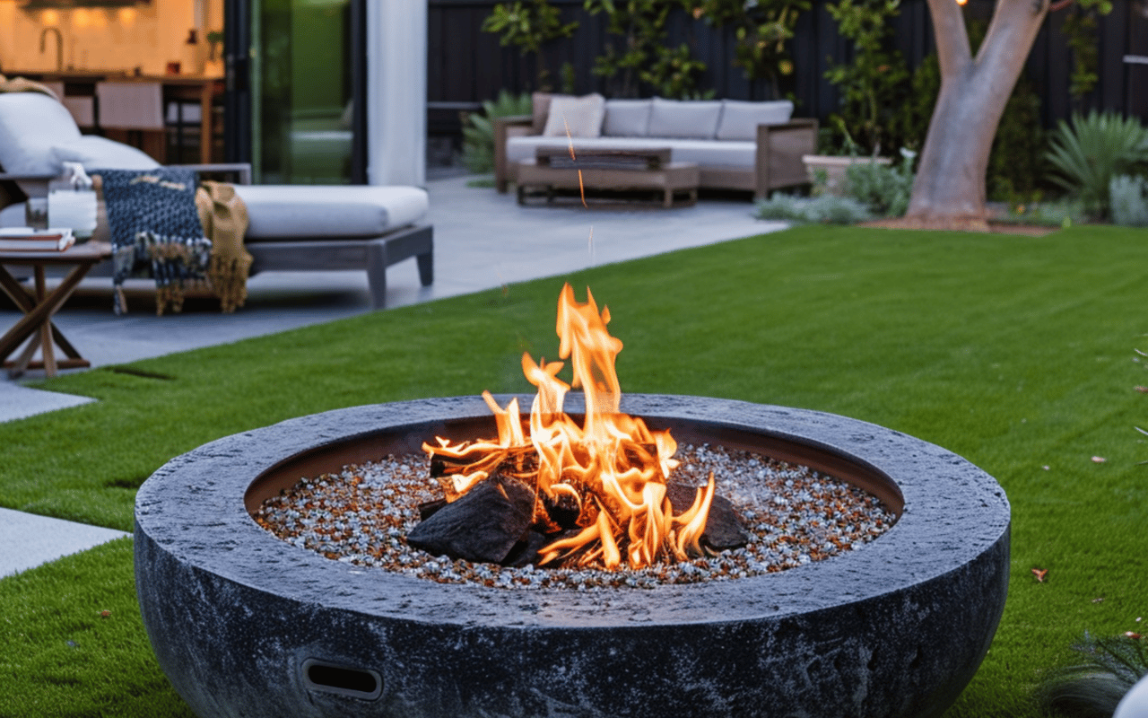 Backyard fire pit burning beside furnished patio seating and a green lawn.
