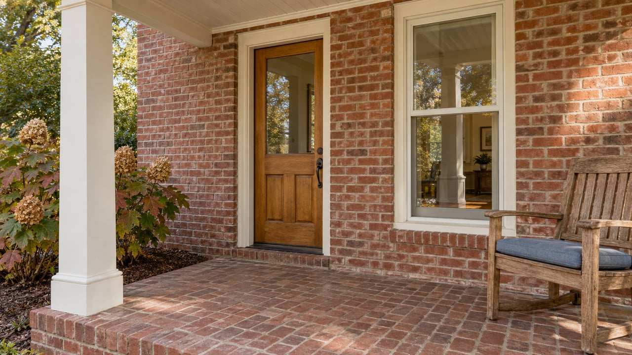 Covered red-brick porch with a honey-colored wood front door, cream-trimmed window, worn oak chair and autumn oakleaf hydrangea.