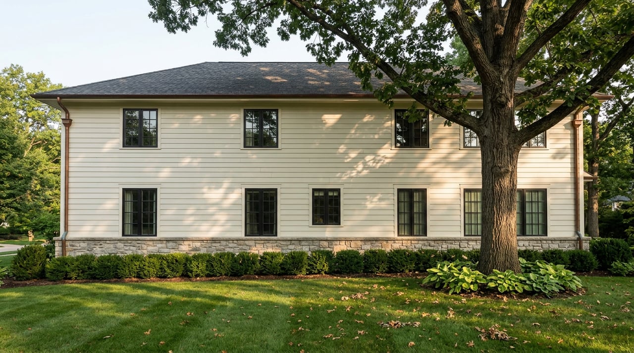 Cream two-story home beyond a deep lawn, with a mature oak shading its fieldstone foundation.