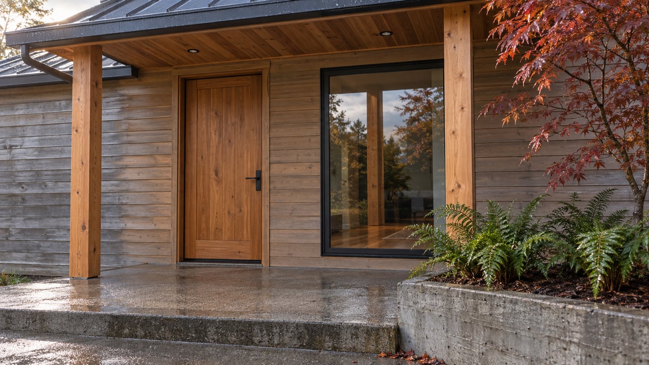 Cedar-clad home entry with a charcoal metal porch roof, black-framed window, rain-darkened concrete steps, autumn vine maple and sword ferns.