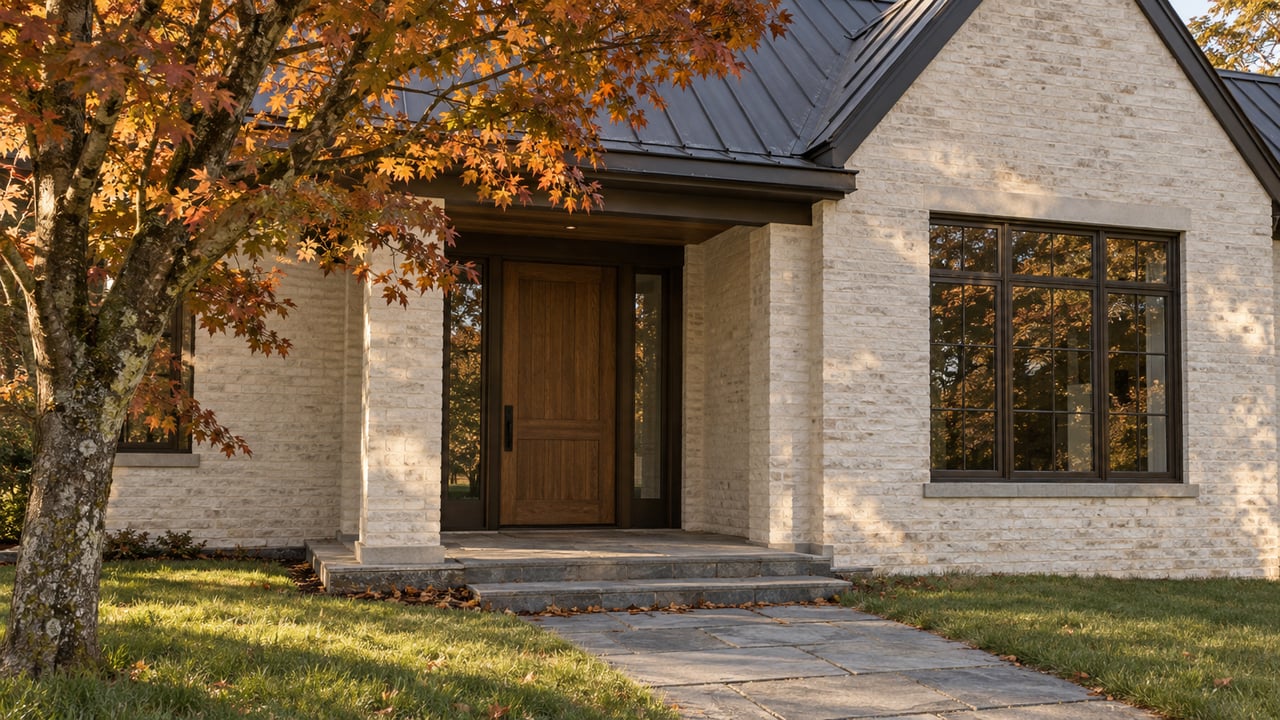 Off-white brick home entry with oak door, bluestone steps, and an amber-leaved maple.