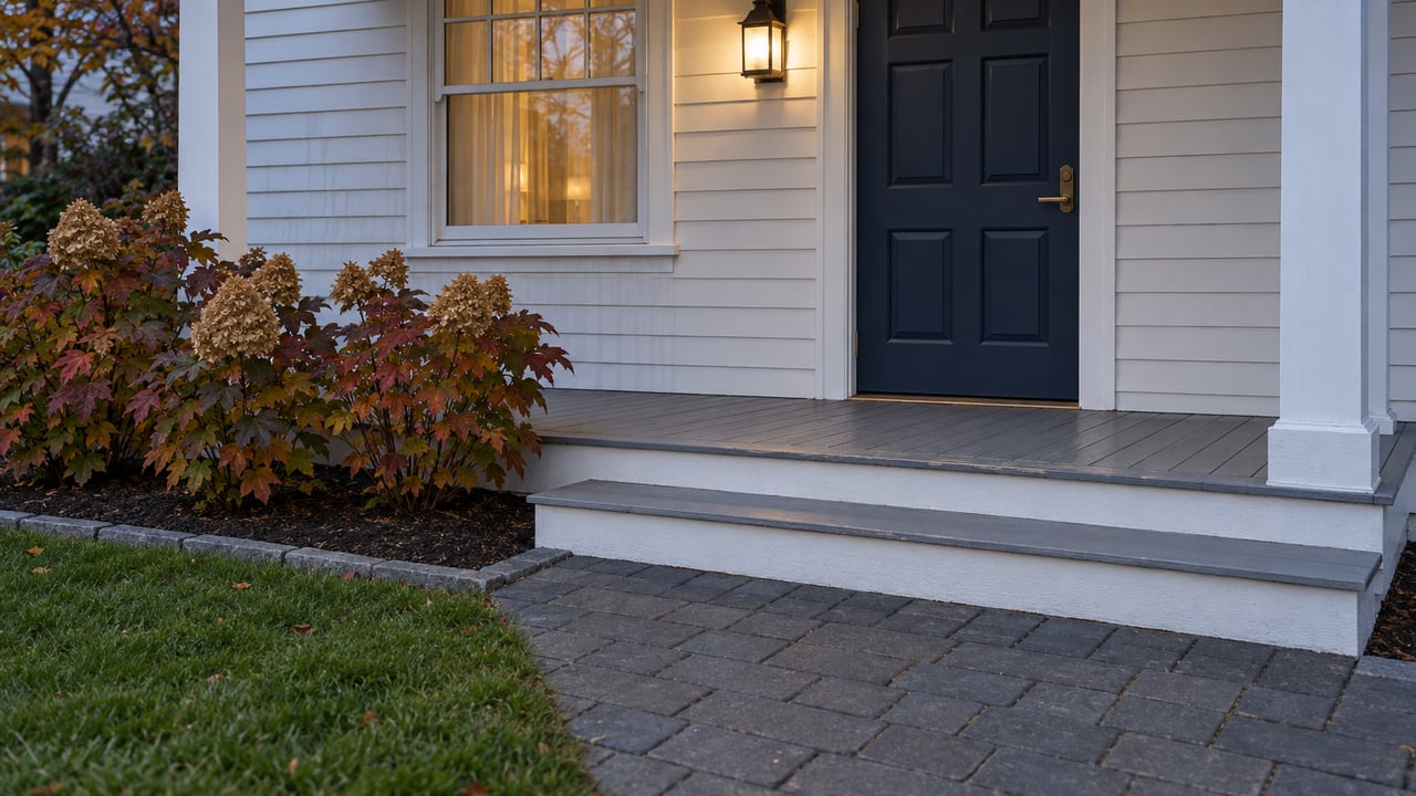 An off-white clapboard home’s navy front door and covered porch above gray steps and a paver walk, with autumn oakleaf hydrangeas.