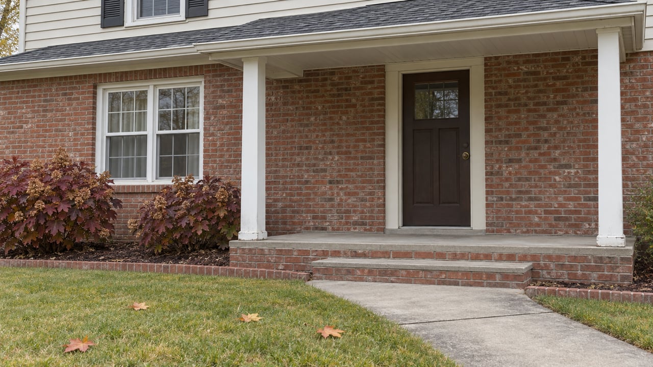 Red brick and cream-sided home with a covered front entry, concrete walk, autumn oakleaf hydrangeas and a green lawn.