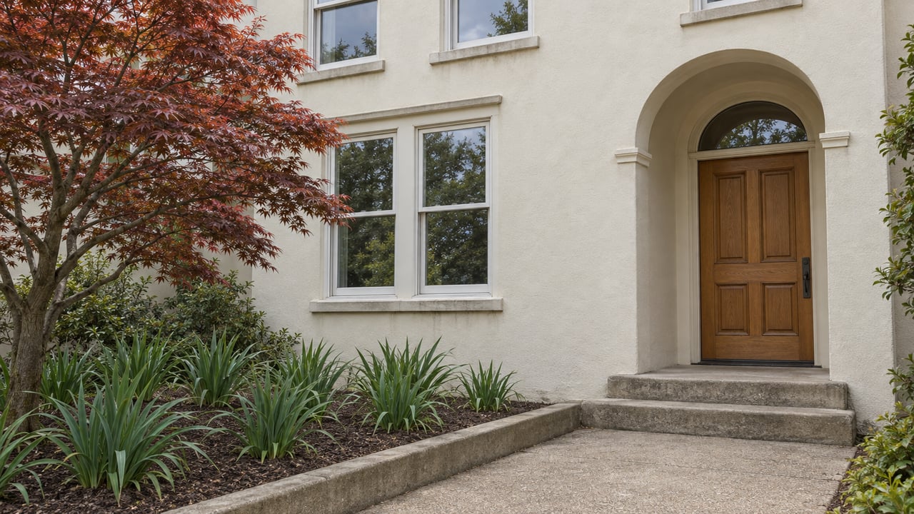 Ivory stucco home with an arched oak entrance, traditional sash windows and a Japanese maple beside a concrete garden walk.