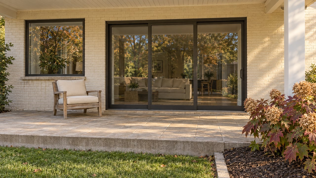 Covered ivory-brick terrace with bronze-framed glass doors, a teak chair, and burgundy oakleaf hydrangeas beside a step down to lawn.