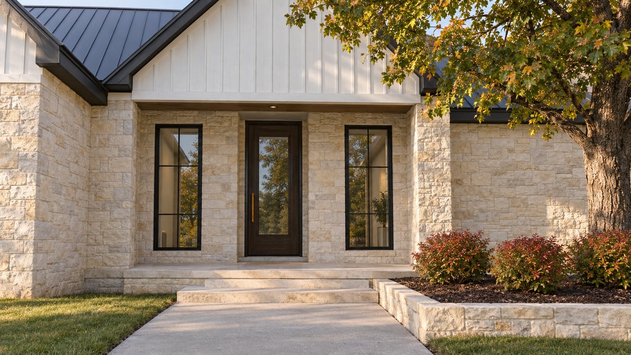 Stone-fronted house with a dark metal roof, front steps, and a mature tree with yellow leaves.