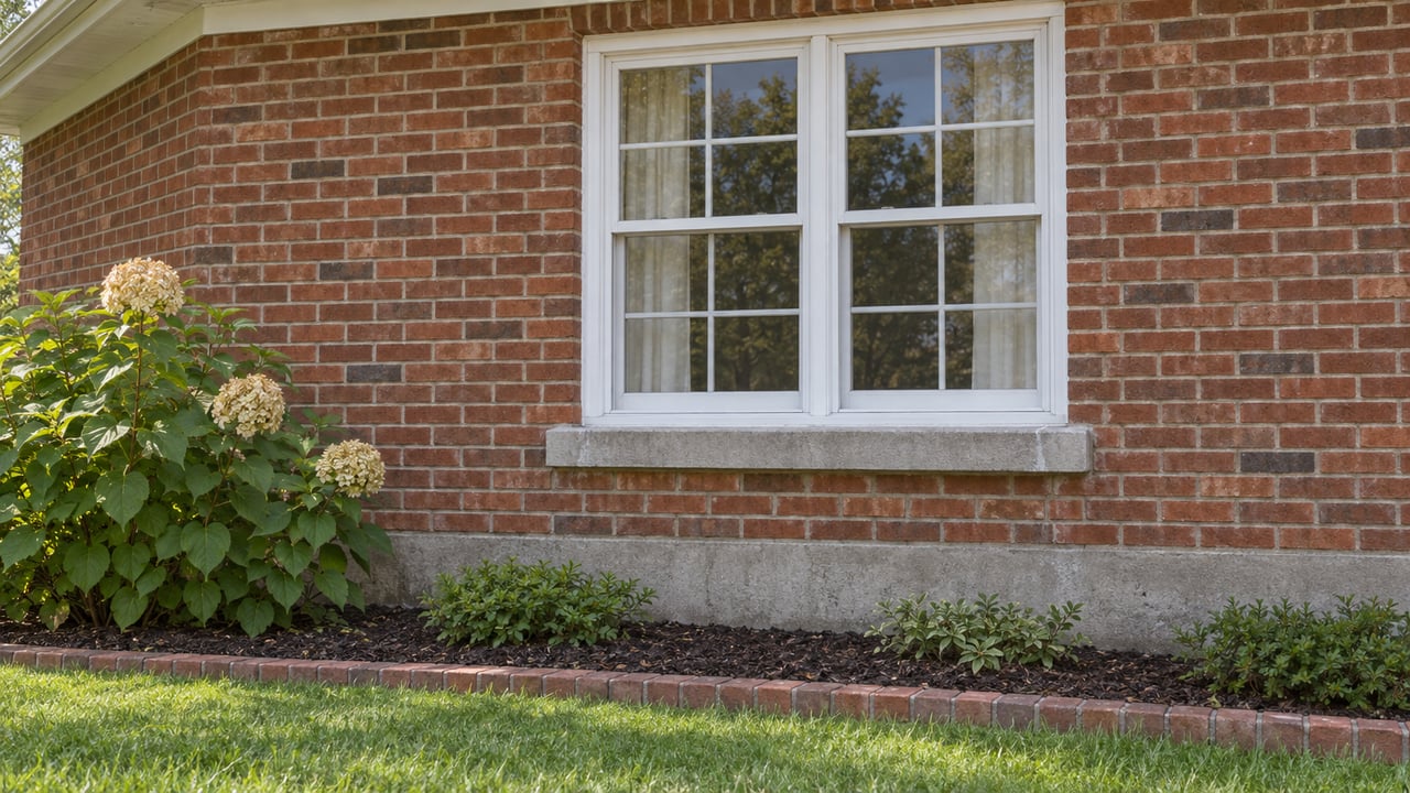 Closed white divided-pane window in a weathered red-brick facade above a limestone sill, with a flowering hydrangea and edged lawn below.
