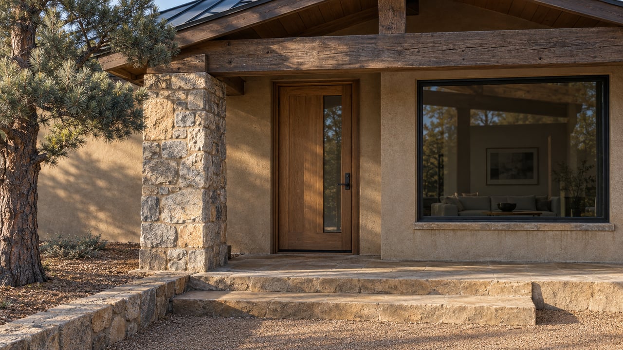 Covered home entry with rough granite, weathered timber, an oak door and dark-framed glazing beside a pinyon pine.
