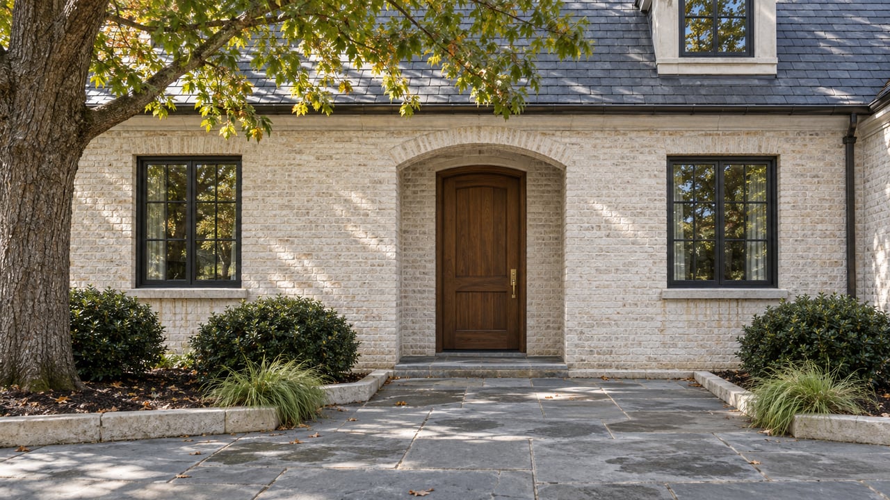 Limewashed brick home entry with oak door, steel-framed windows, bluestone approach, and leafy canopy.
