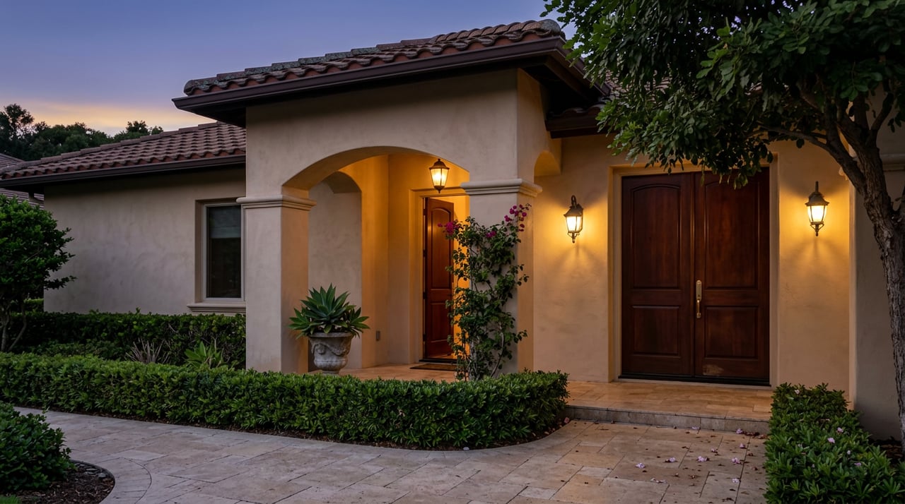 Mediterranean home’s arched stucco entry glows under iron sconces, with wood doors, pavers, and magenta bougainvillea.