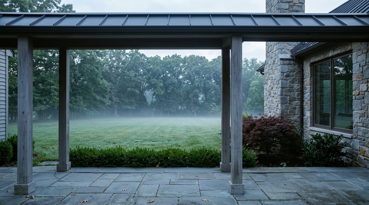 Fieldstone house beside a bluestone terrace, clipped boxwood, and misty lawn beneath mature oak trees.