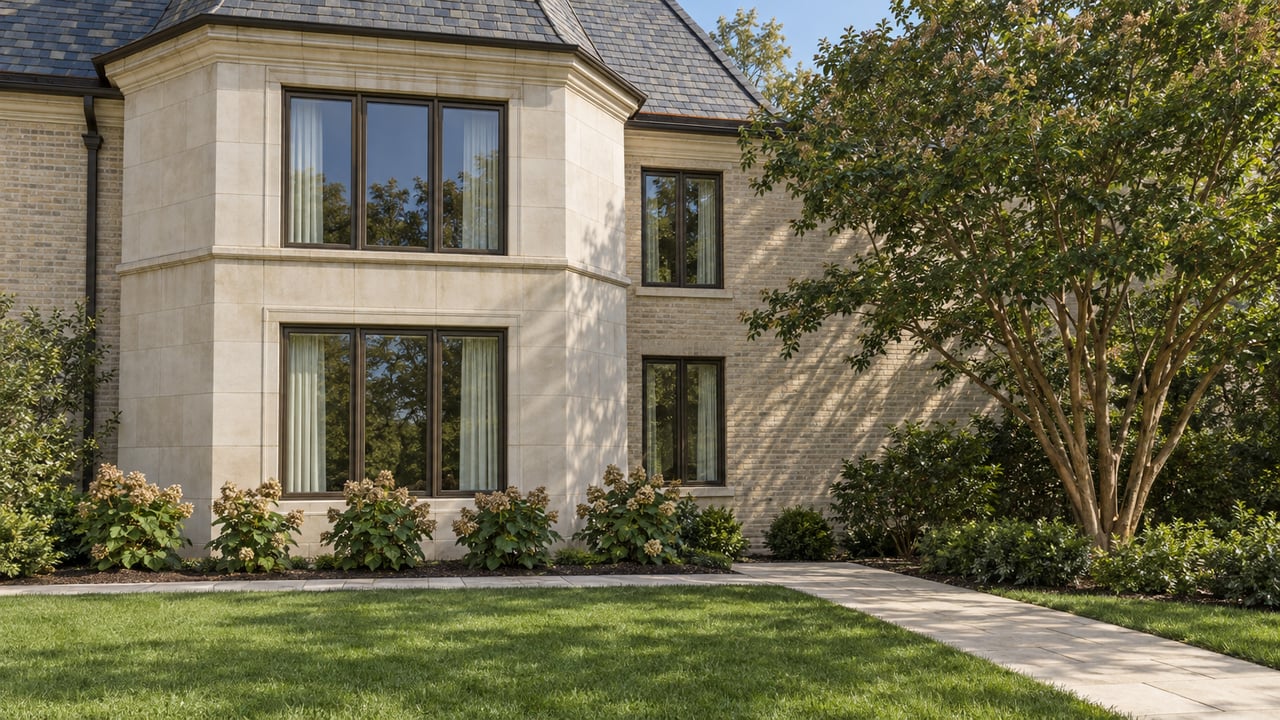 Sunlit limestone window bay and pale brick home above a lawn and hydrangea bed, with a sculptural crape myrtle beside the stone path.