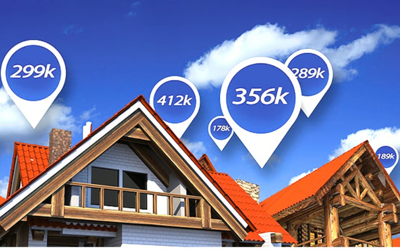 Illustrated houses with price markers ranging from 178k to 412k.
