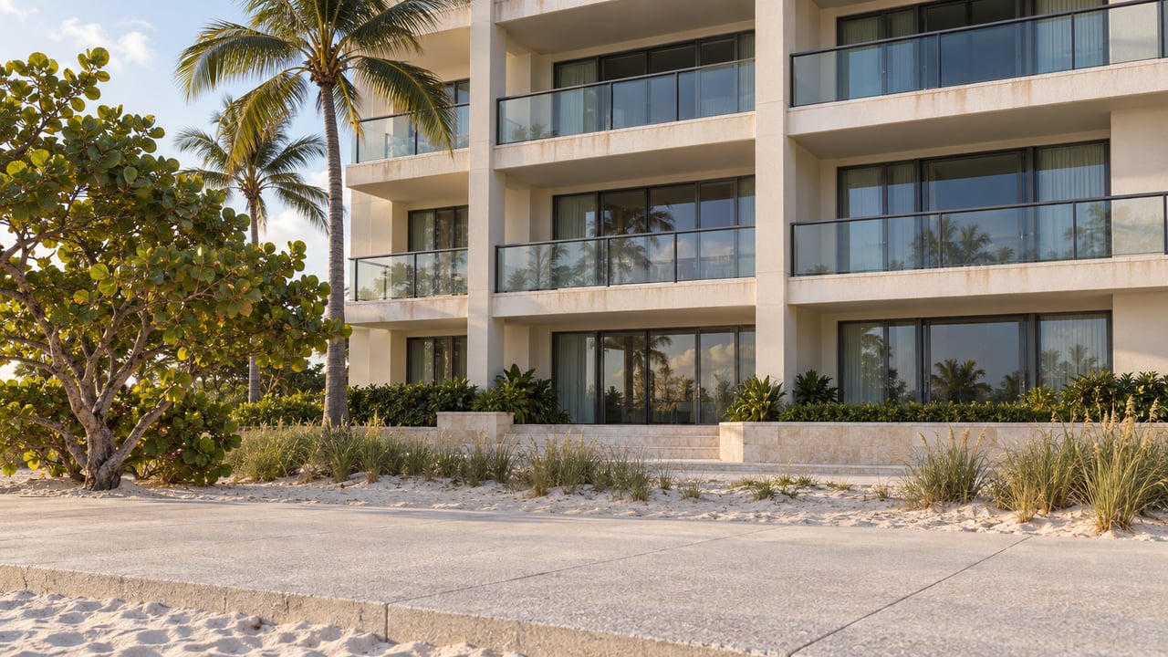 Cream-stucco beachfront condominium with glass balconies, palms, and a broad concrete approach beside sand.