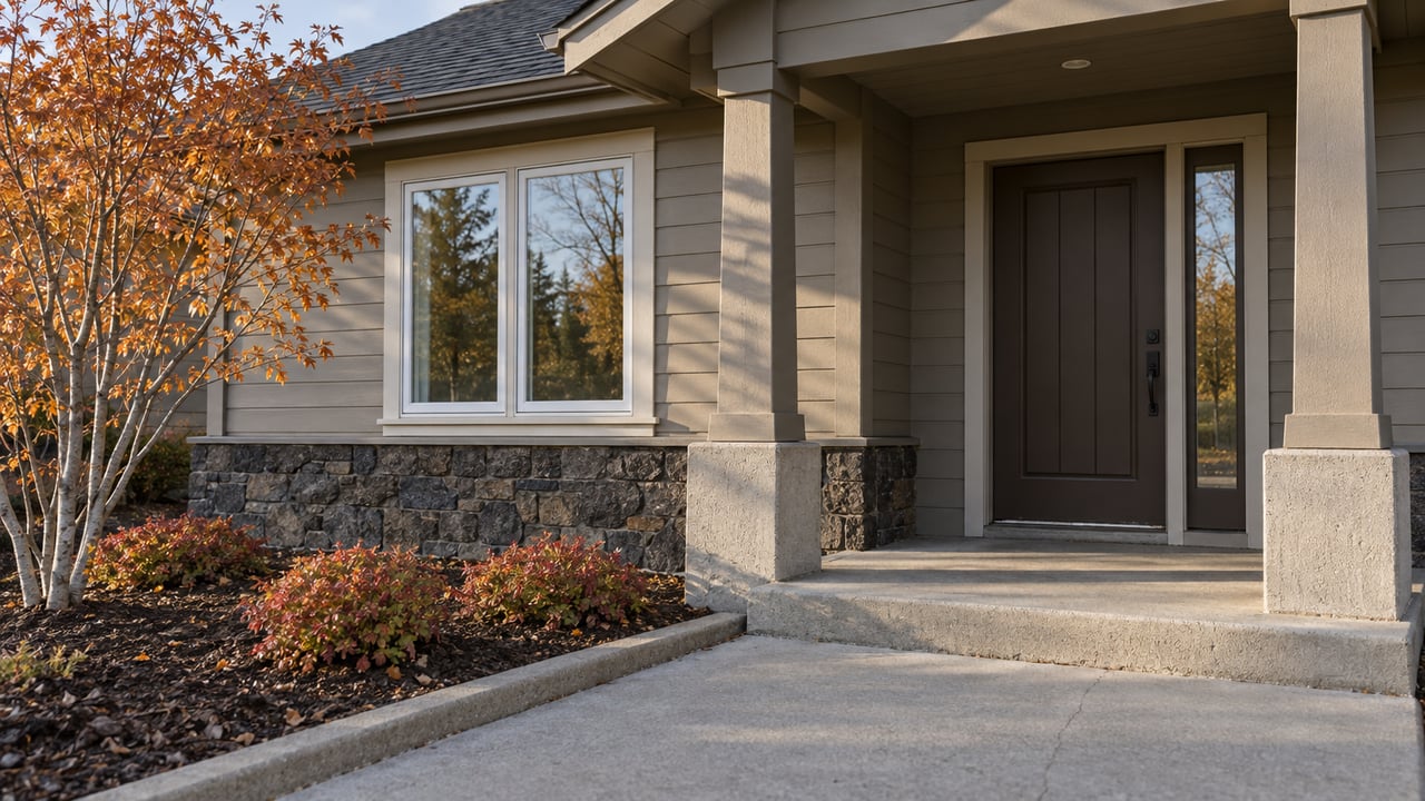 Autumn sunlight crosses a taupe-sided home's covered entry, basalt foundation and concrete walk beside a copper-leaved serviceberry.