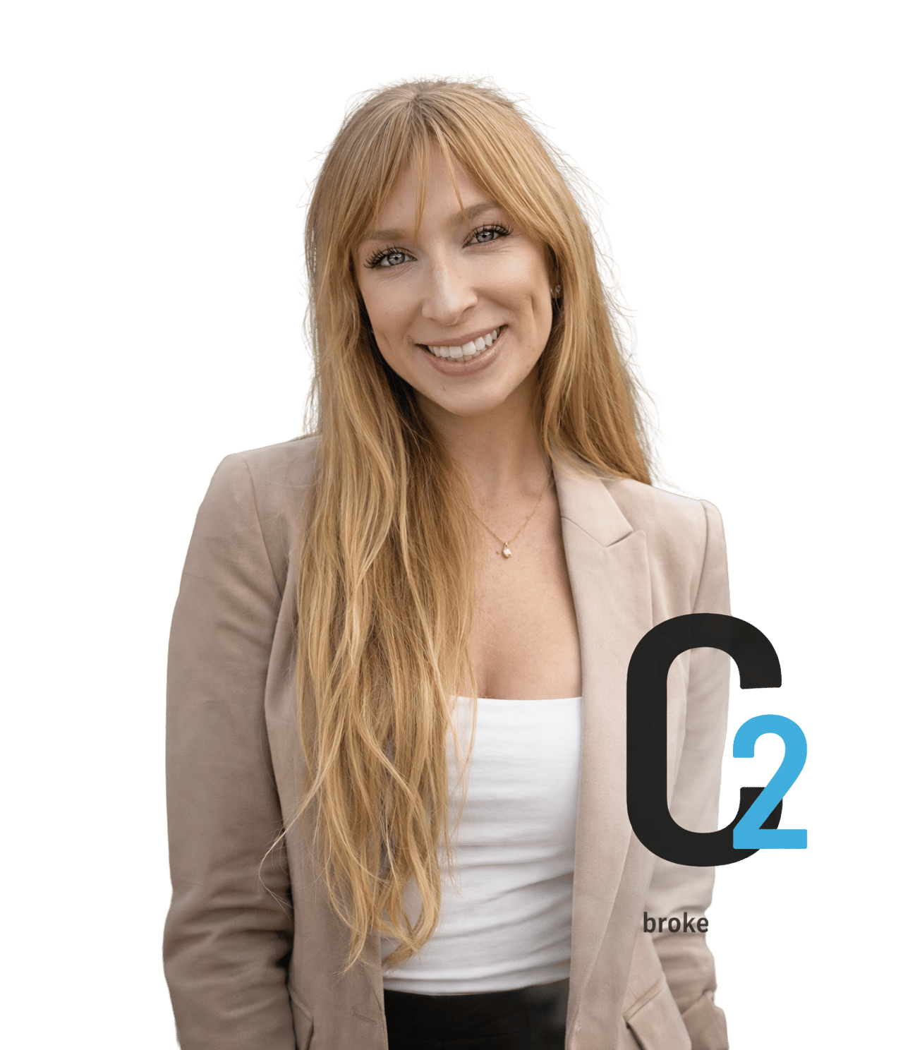 Michaela Krnaich smiling in a beige blazer, with long blonde hair and a C2 mark.