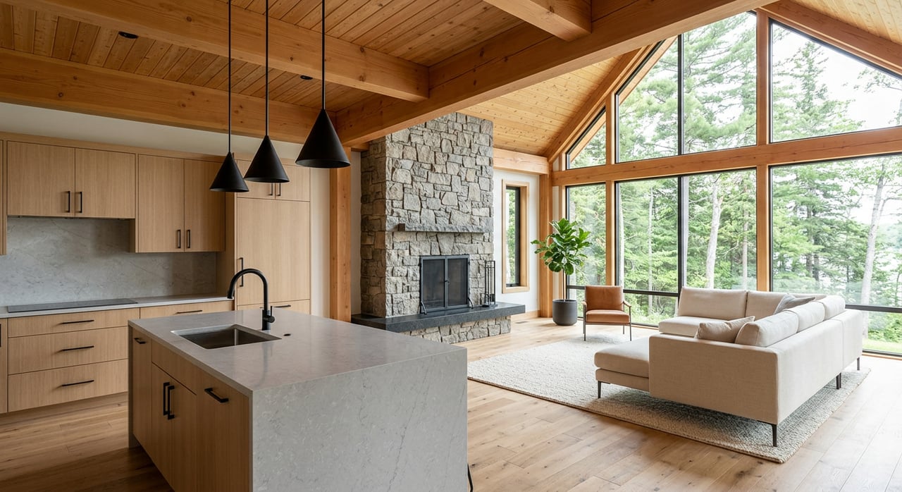 Great room with a quartz island, seating area, stone fireplace, timber beams, and trees visible through gable windows.