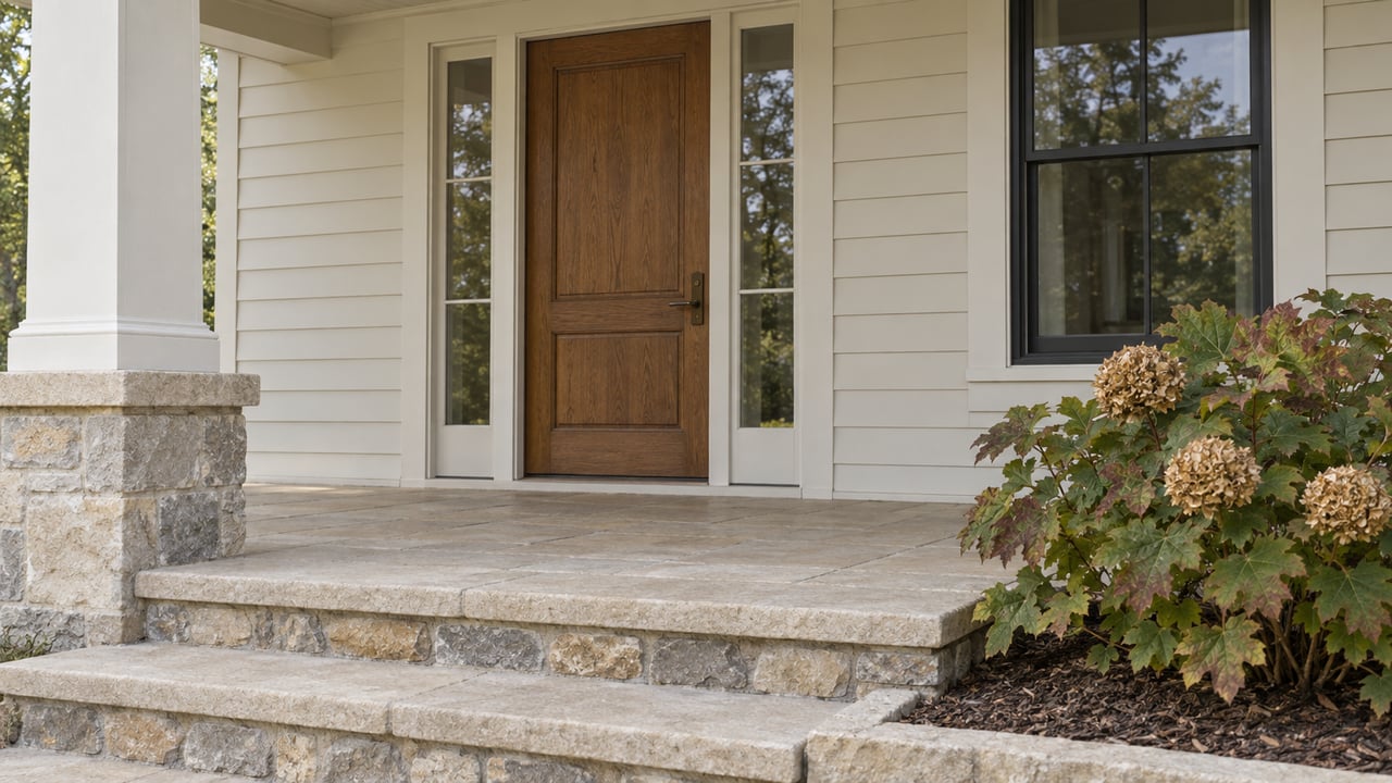 Sheltered front porch with an oak door, matching glazed sidelights, limestone steps and an oakleaf hydrangea.