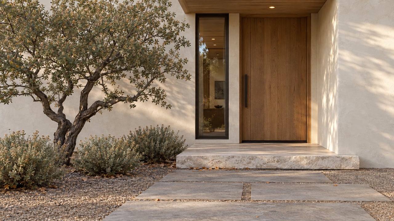Cream-plastered house entry with an oak door, bronze-framed window, stone pavers, and a small tree.