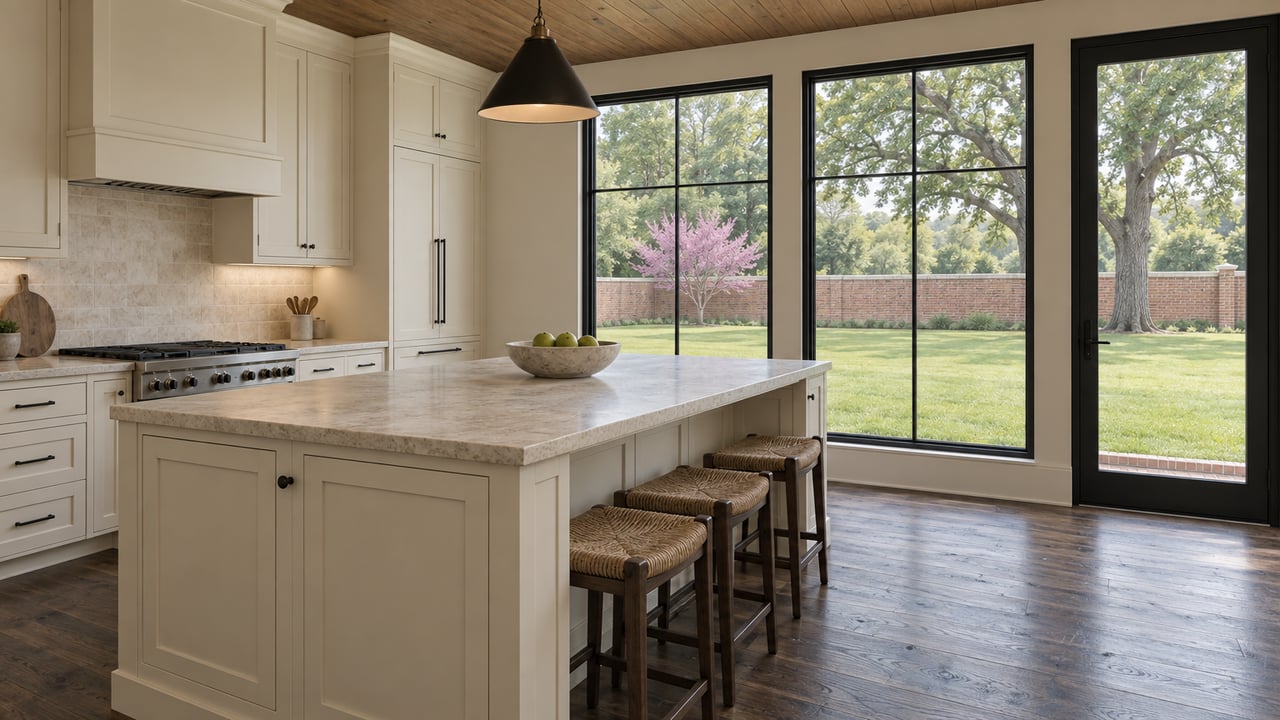 Ivory Shaker kitchen with a pale stone island overlooks a broad lawn and mature oak through black-framed windows.
