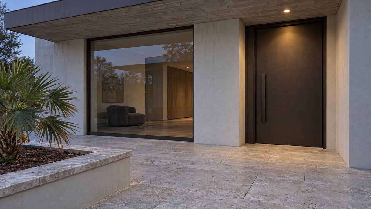 Twilight on a modern home's limestone arrival terrace, with concrete canopy, bronze entry door and a single fan-leaf palmetto in a raised planter.