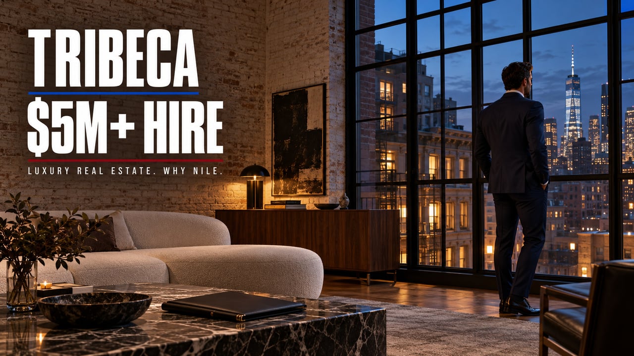 Tribeca luxury real estate promotional graphic with a suited man overlooking the Manhattan skyline.