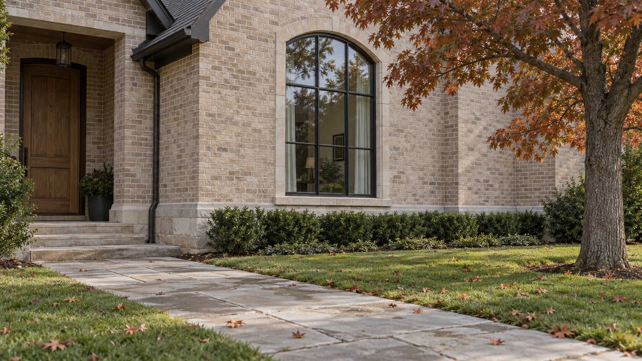 Buff-brick home with an arched black-framed window, oak entry, limestone walk, and russet-leaved red oak.