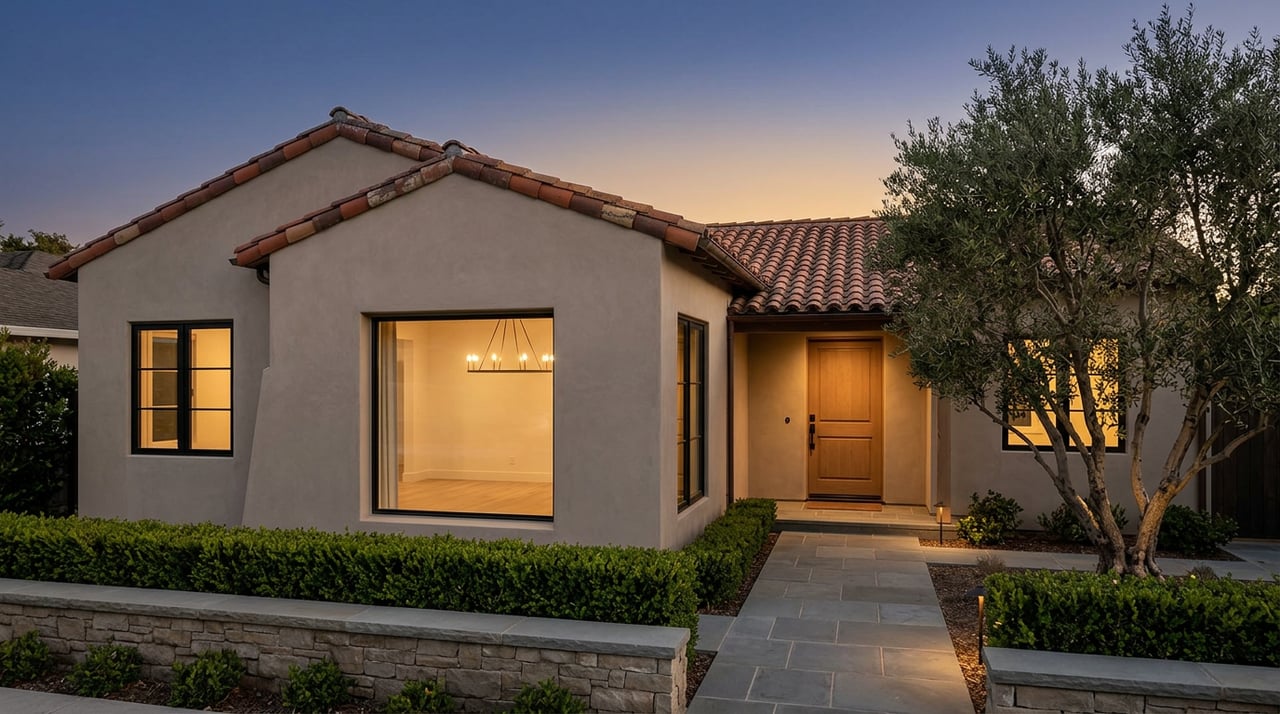 Mediterranean stucco home at dusk, with glowing black-framed windows, a tiled roof, and an olive tree beside the entry path.