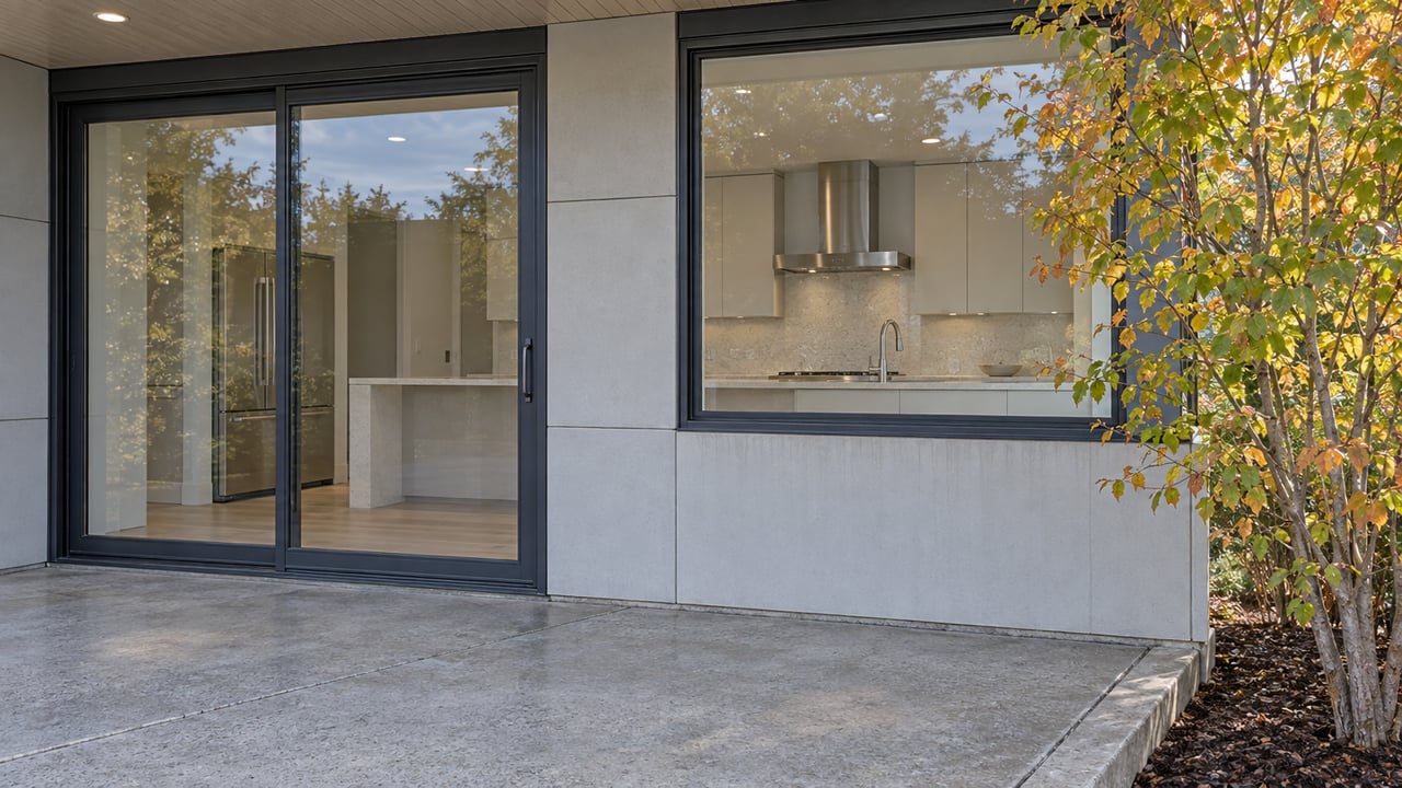 Covered concrete terrace beside a contemporary home's closed glass kitchen door and window, with an autumn serviceberry at the edge.