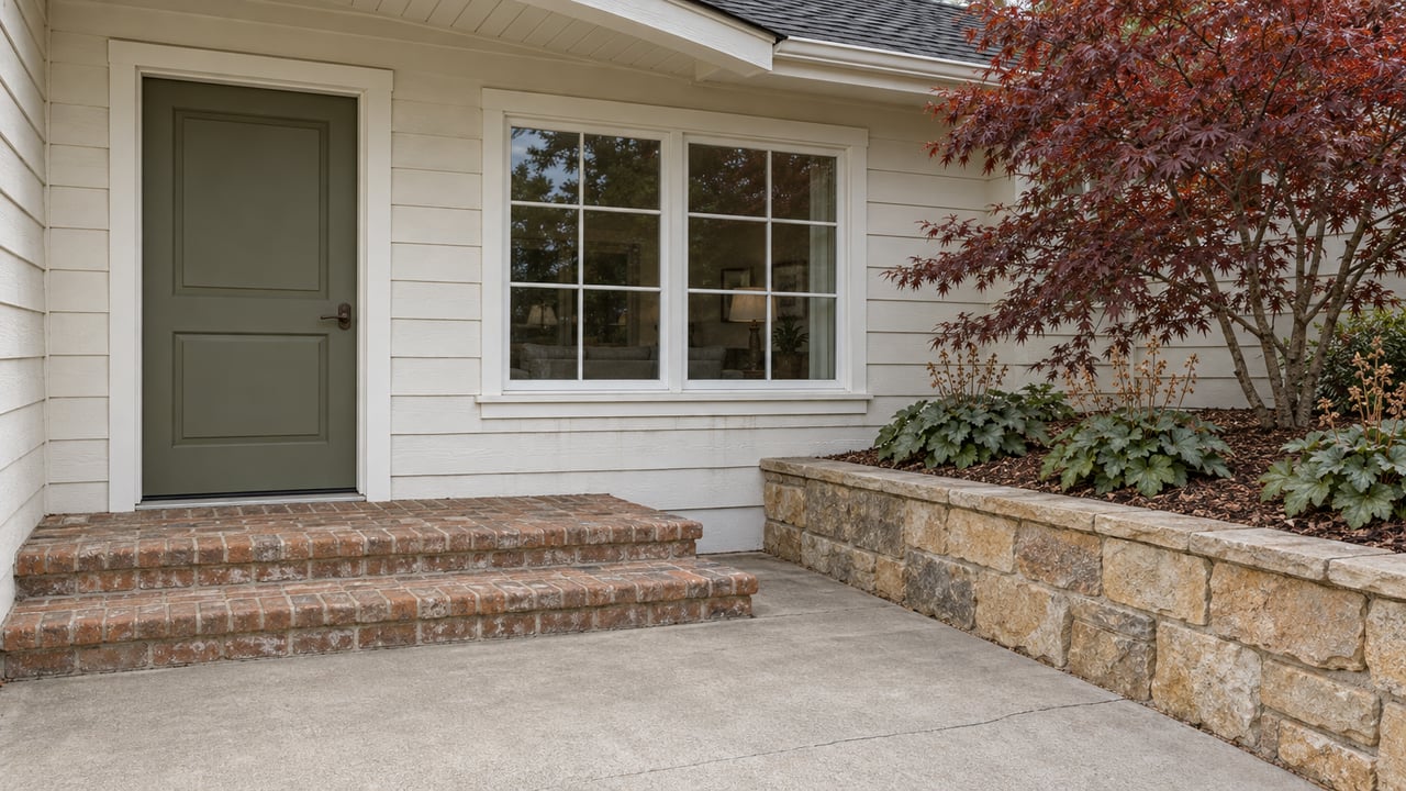 Ranch home entry with olive door, divided-light window, worn brick steps and a stone-retained garden with a burgundy Japanese maple.