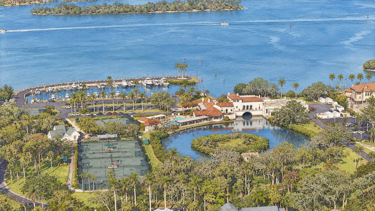 Waterfront community with a marina, clubhouse, and tennis courts beside a broad blue bay.