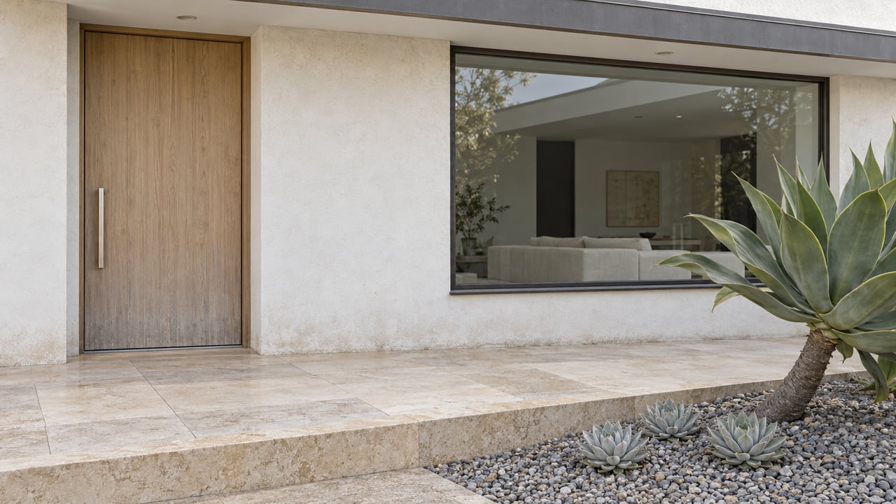 Modern home's oak entry door and bronze-framed window above a limestone landing beside sculptural succulents.