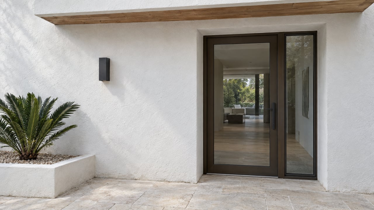 White masonry courtyard wall with a recessed bronze-framed glass door, black sconce, limestone paving, and a potted Zamia.