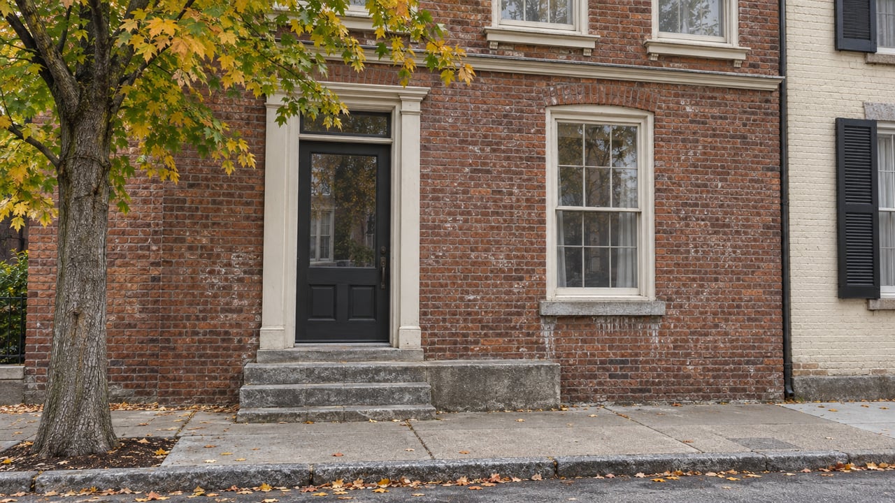 Weathered brick townhouse with a raised limestone stoop, dark glazed door, and yellowing maple at the sidewalk.