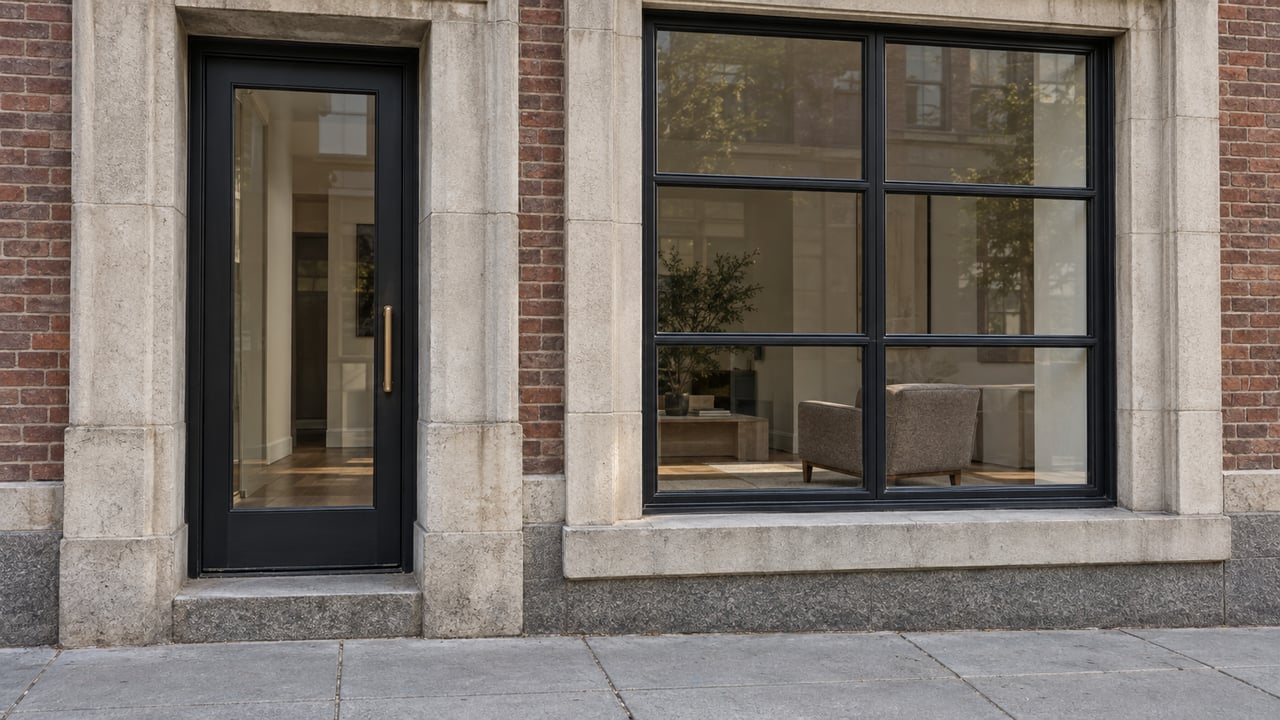 Close view of a masonry loft home's black-framed entrance and tall window, with weathered limestone details and a raised stone threshold.