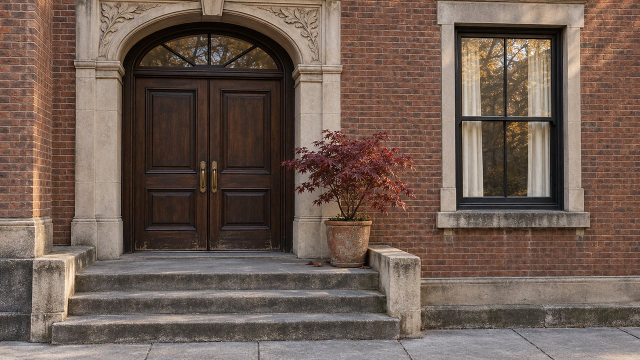 Worn stone steps lead to paired oak doors beneath a carved limestone arch, beside a black-framed window and a burgundy-leaved maple in a terracotta pot.