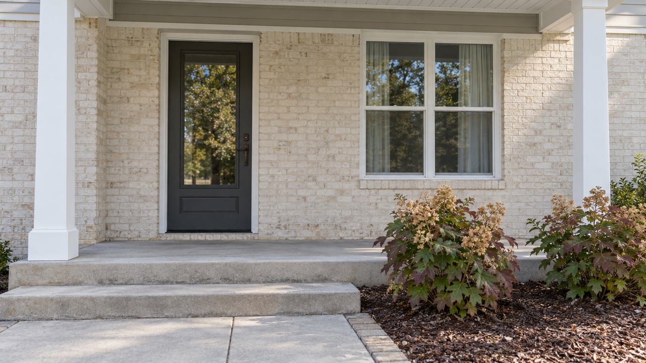 Covered entry of a warm ivory brick home with a charcoal glazed door, white porch posts, concrete steps and oakleaf hydrangeas.