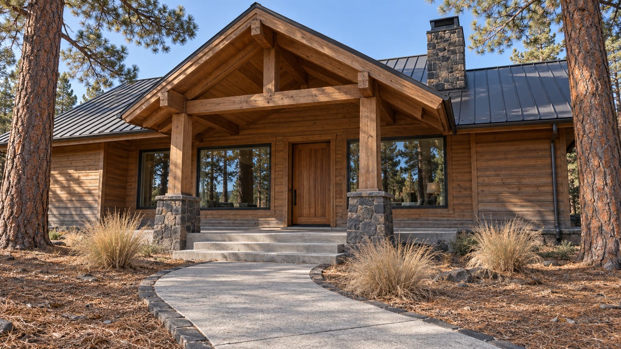Cedar-and-stone home with a covered timber porch, large windows and a concrete approach between mature pines.