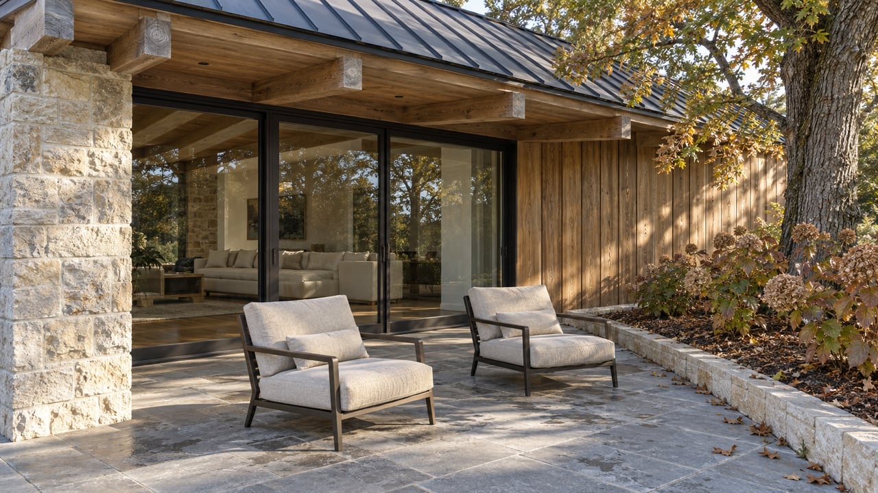Covered limestone terrace beside a timber-and-stone home, with bronze-framed glass doors, two lounge chairs, and oakleaf hydrangeas beneath a mature white oak.
