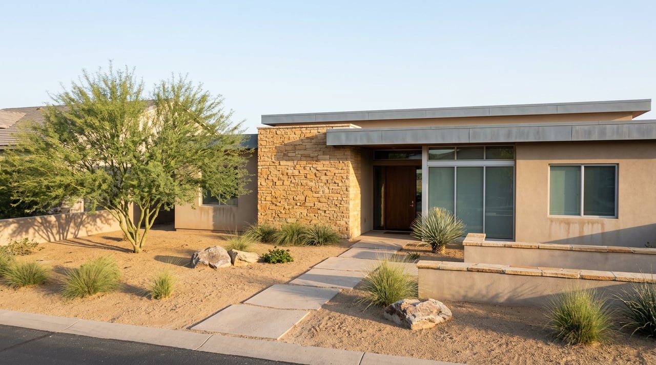 Contemporary desert home with sand-colored stucco, a palo verde tree, and a granite xeriscape yard.
